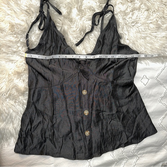 SHEIN | Curve Faux Button Tie Front Straps V Neck Peplum Metallic Tank Blouse - Picture 11 of 13